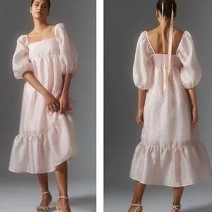 Anthropologie Light Pink Midi Dress with Puff Sleeves